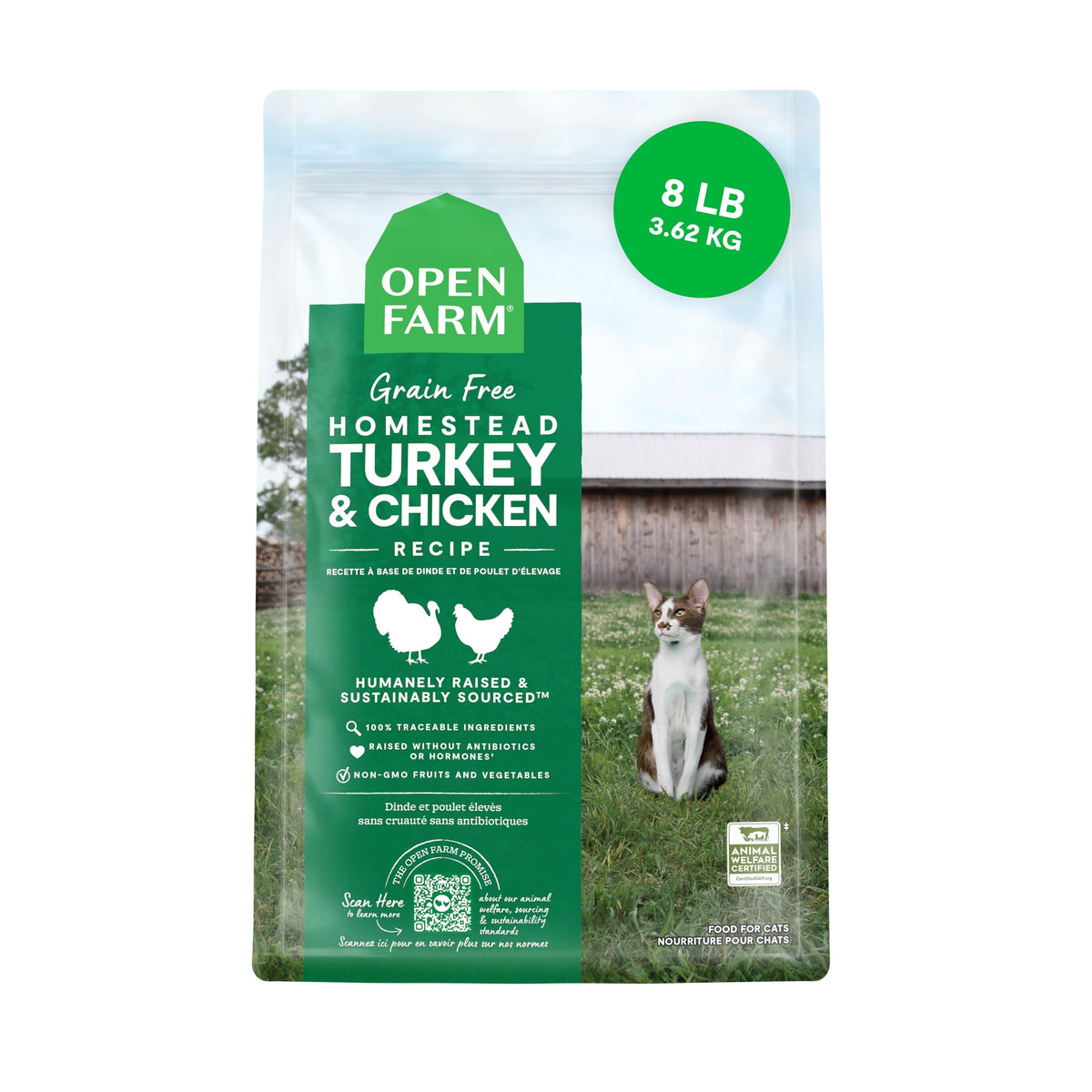 Open Farm homestead turkey-chicken recipe bag 8lb ready for complete cat nutrition.