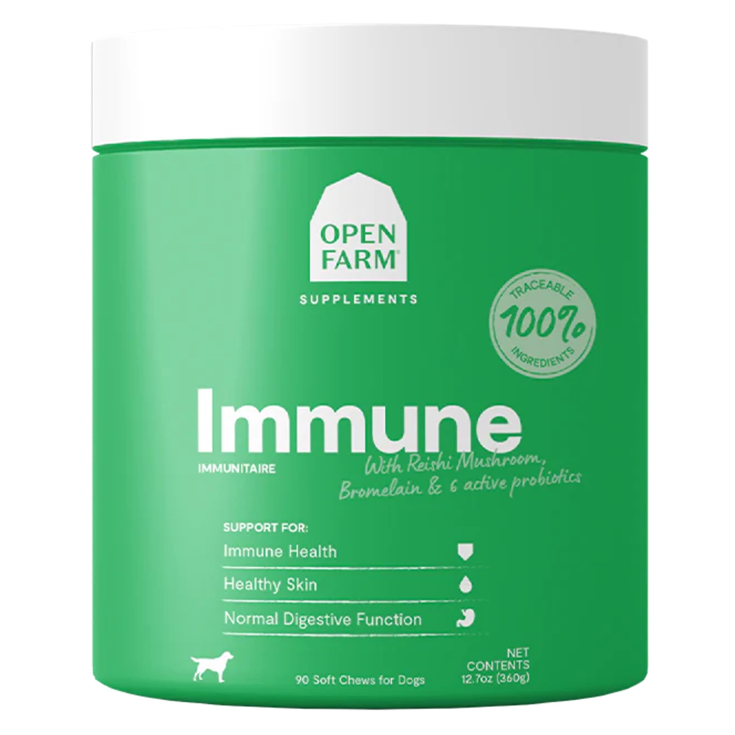 Open Farm Immune Chews bottle showing plant-based immune and skin support for dogs