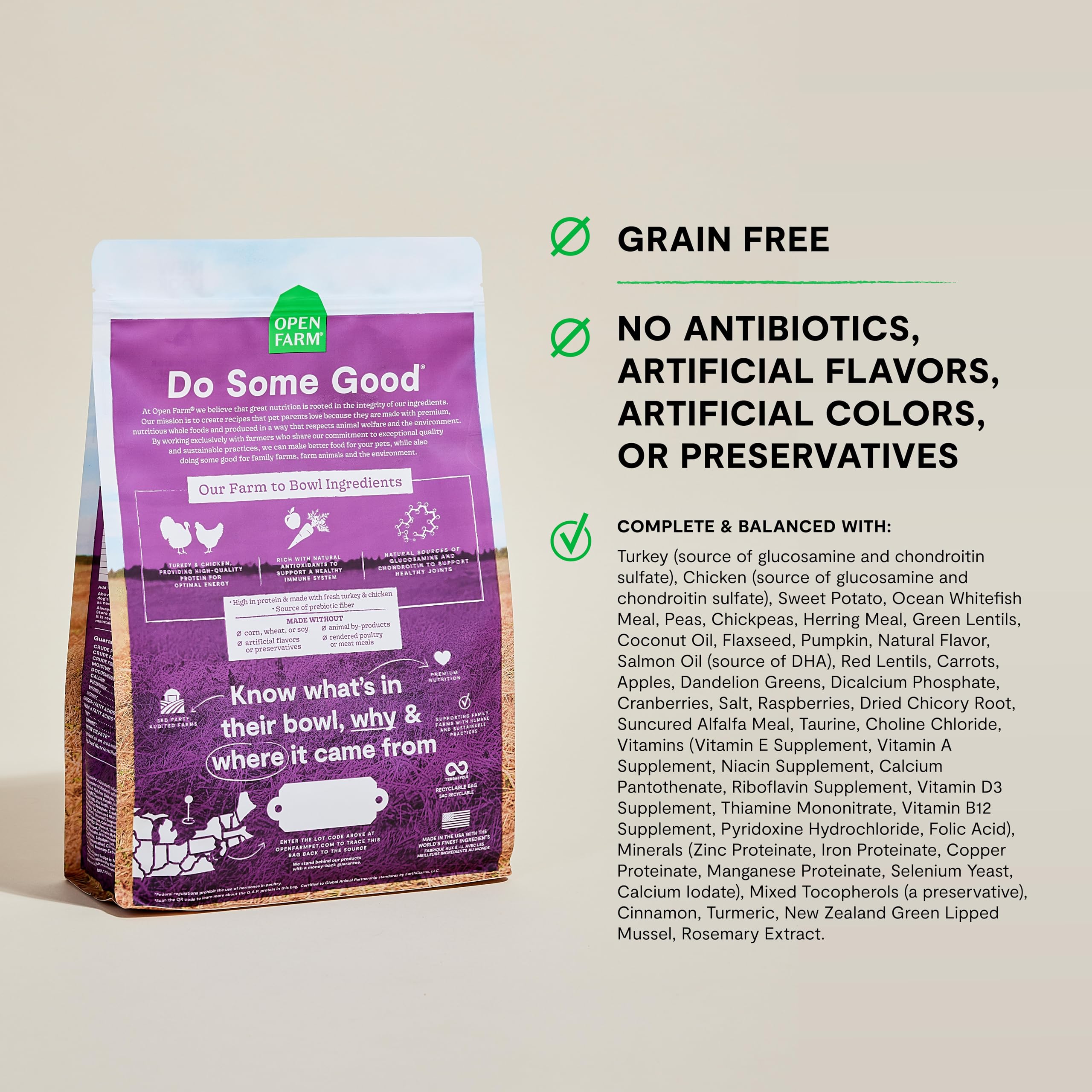 Open Farm kibble closeup shows grain-free formula with high-protein chicken and turkey.