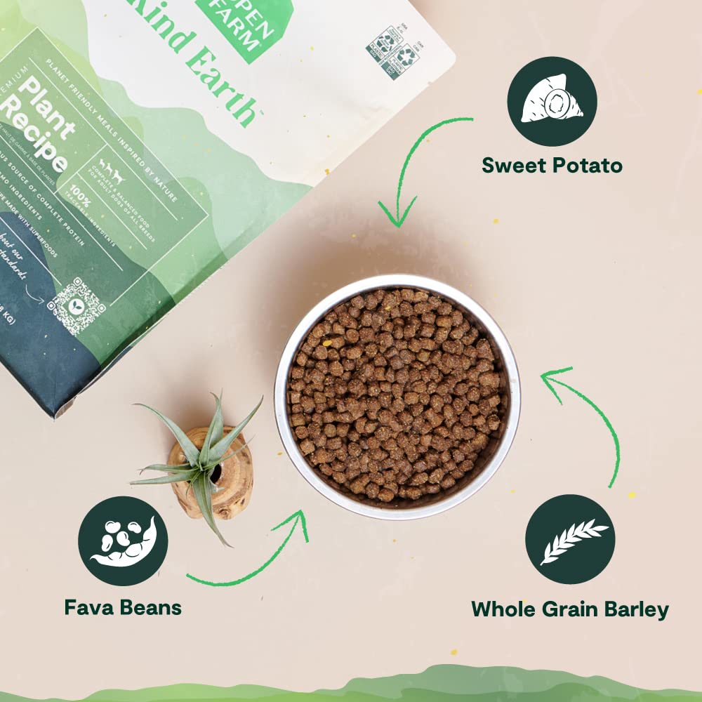 Open Farm Kind Earth ingredients image highlights plant-based protein and farm-sourced produce.