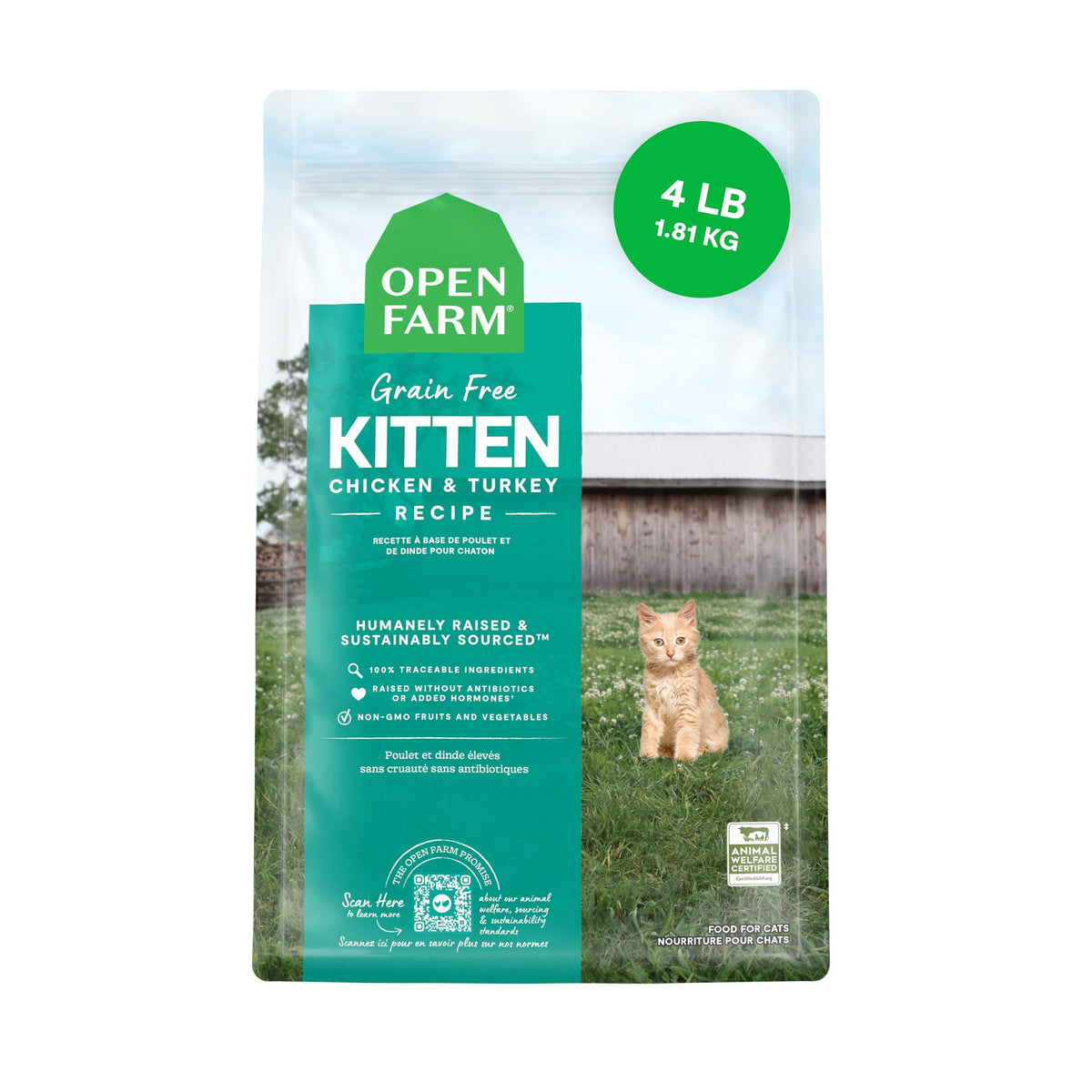 Open Farm kitten food bag 4lb highlighting grain-free formula for digestion-friendly nutrition