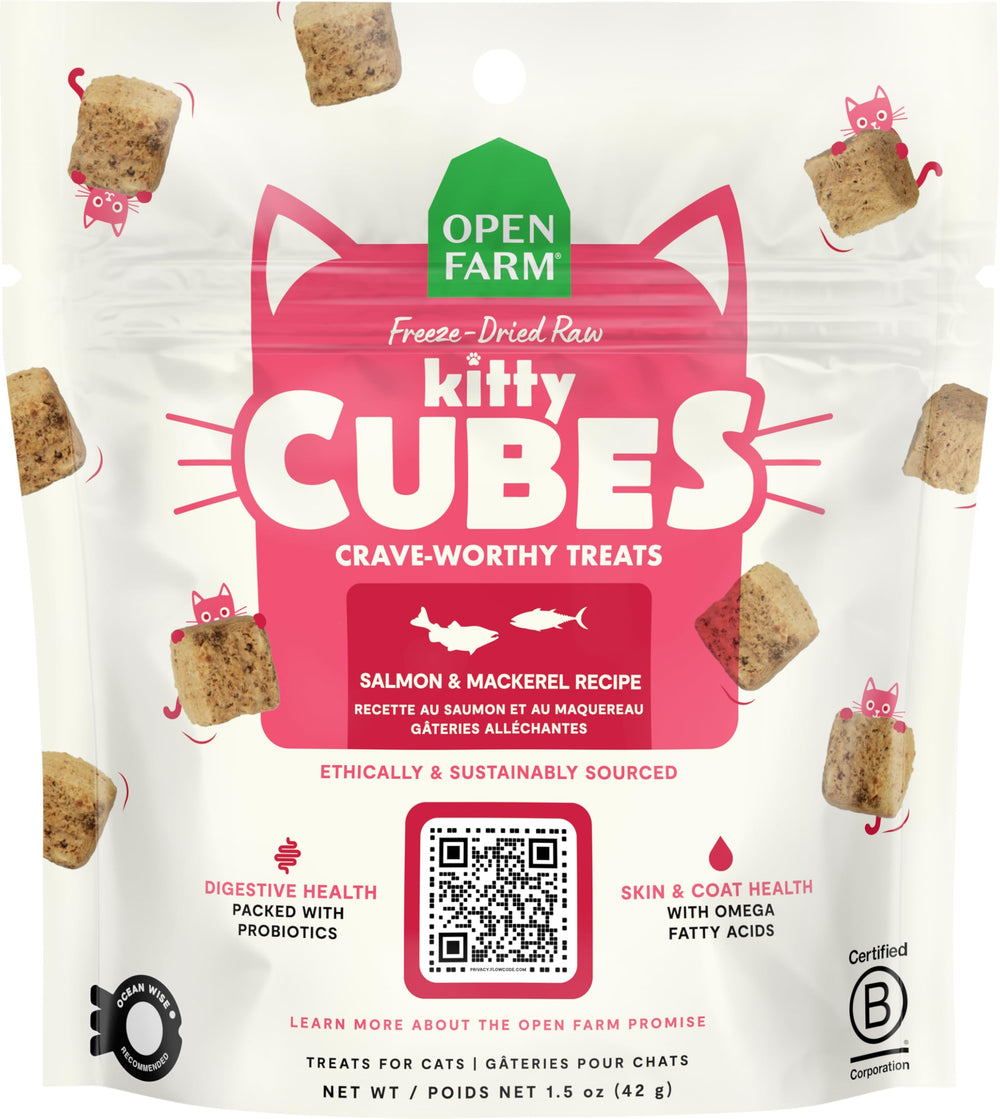 Open Farm Kitty Cubes packaging showing grain-free cat treats for rewards