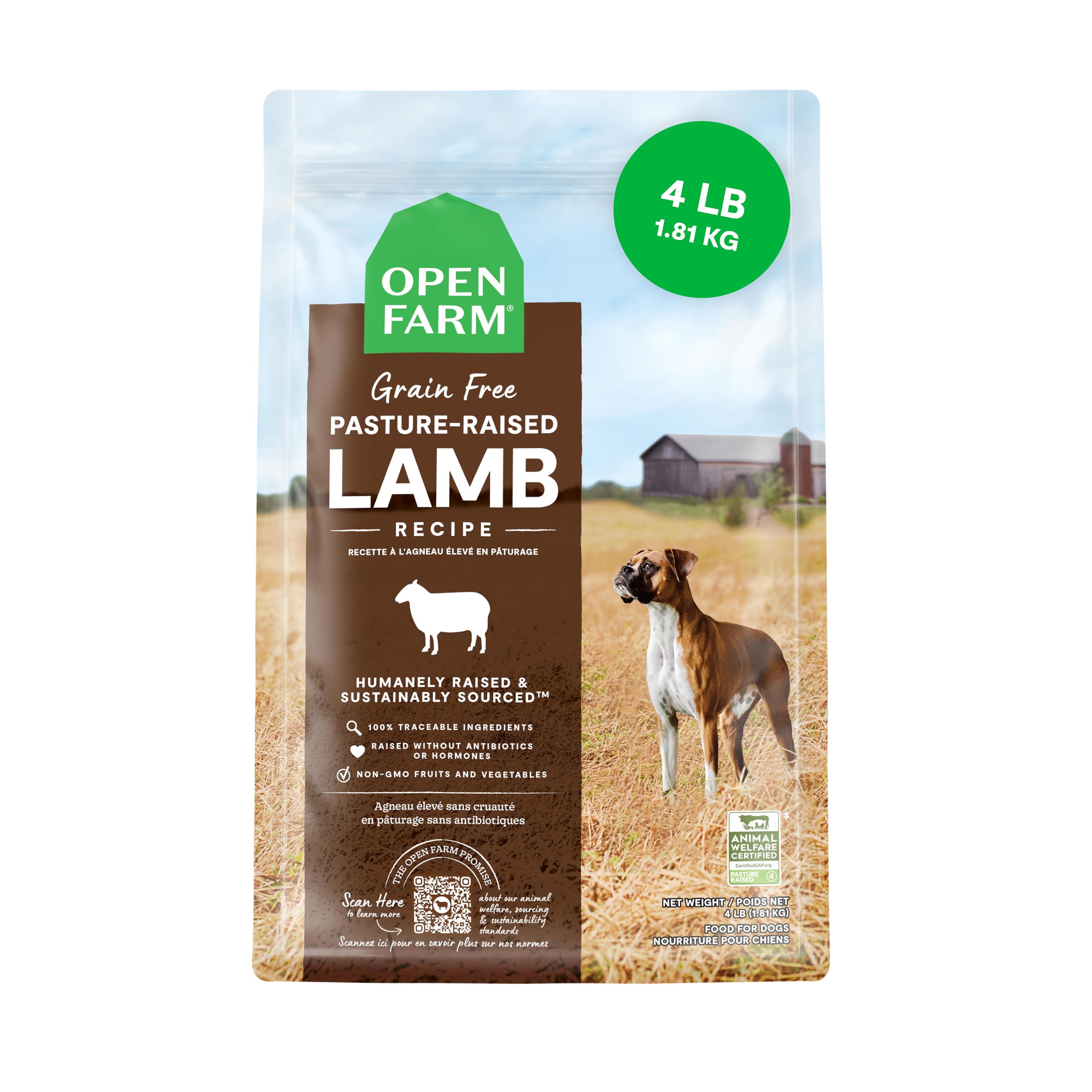 Open Farm lamb grain-free dog food bag showcasing wholesome, protein-packed nutrition.