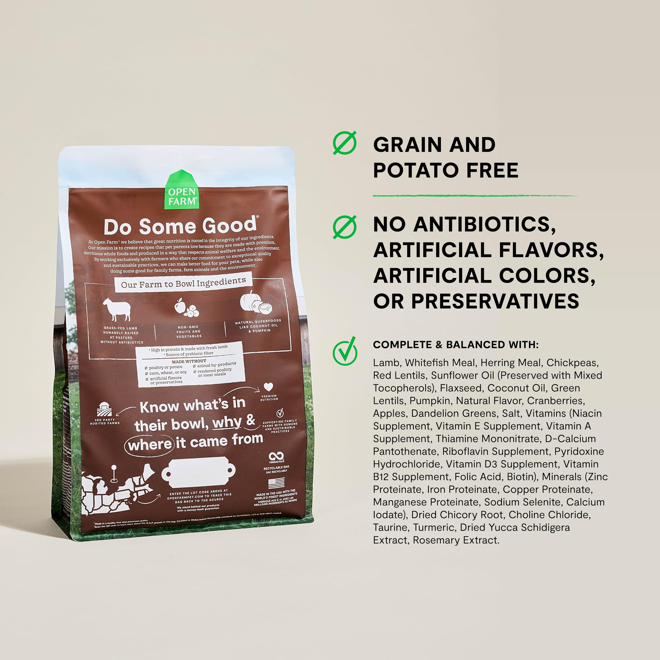 Open Farm no corn wheat soy banner in cat food packaging