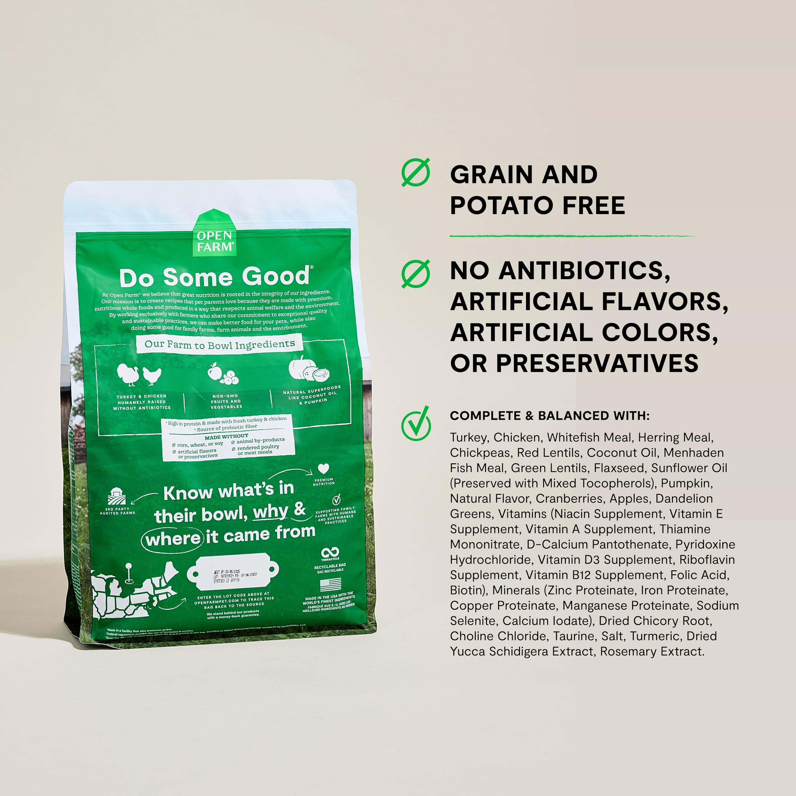 Open Farm grain-free formula shows no corn, wheat, or soy.
