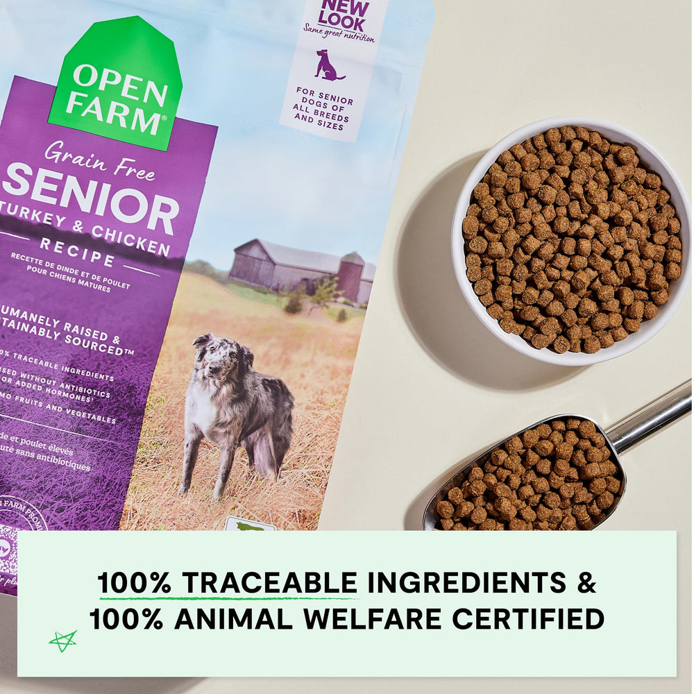 Open Farm grain-free visual shows no corn, wheat, or soy.
