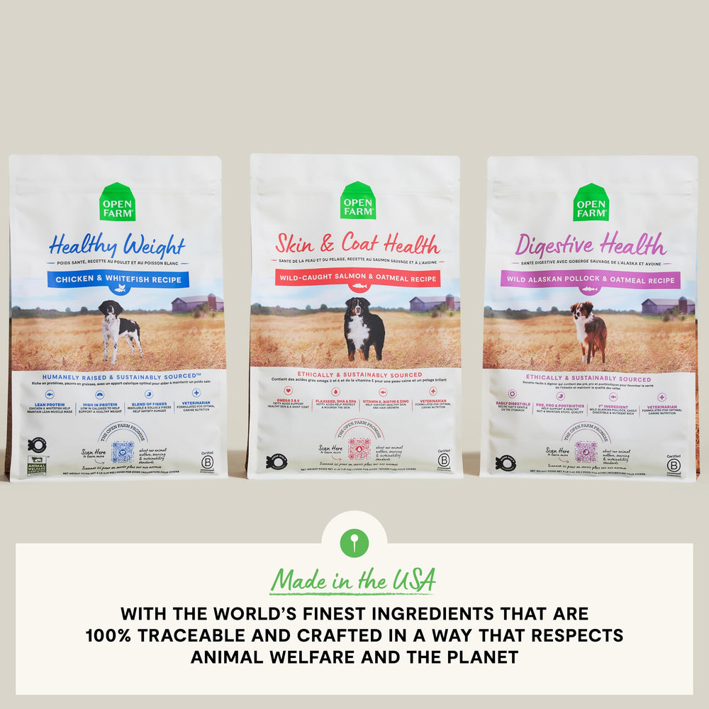 Open Farm bag design showing no poultry, corn, or soy claim
