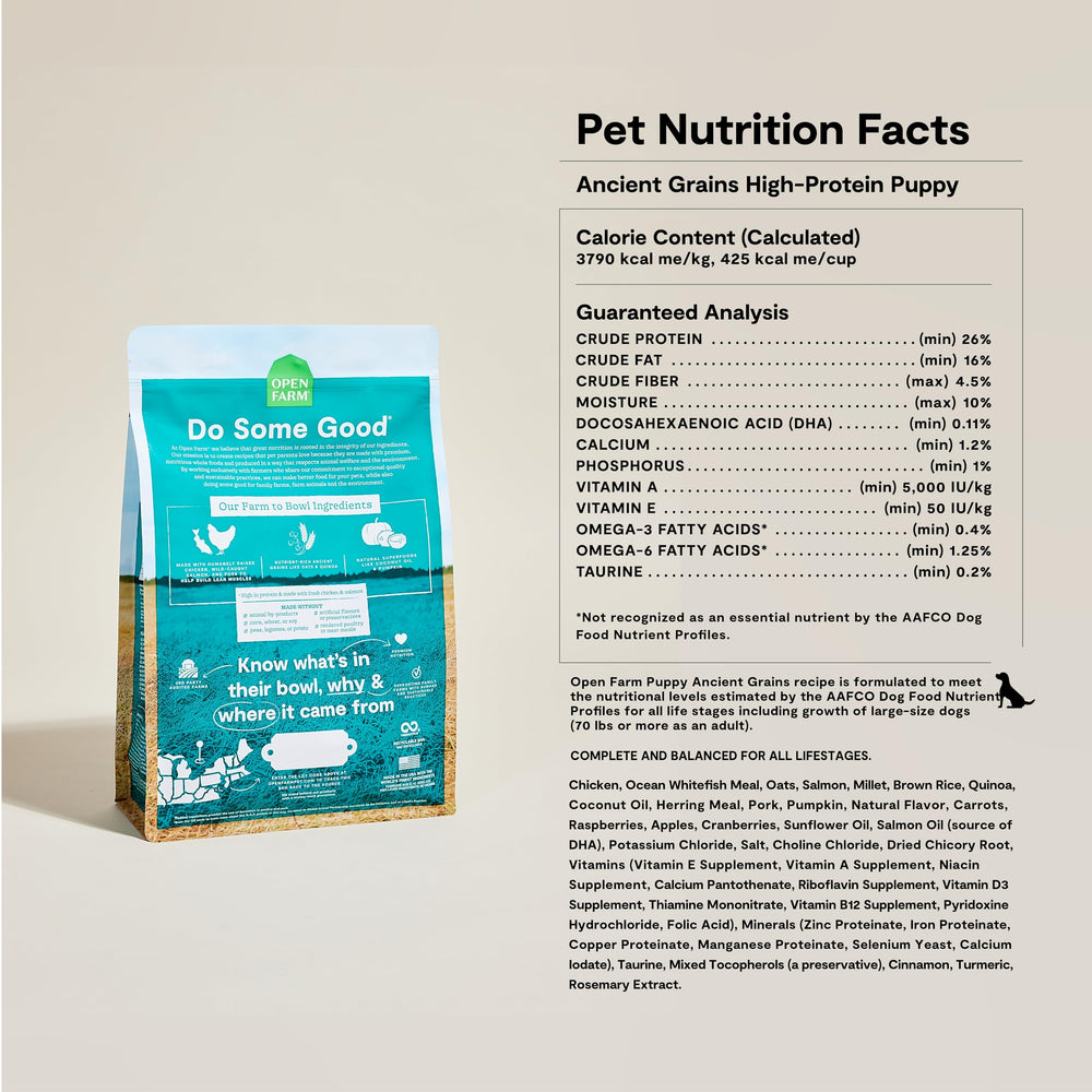 Open Farm non-GMO fruits and veggies label highlights wholesome ingredients for balanced nutrition.