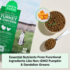 Open Farm non-GMO pumpkin and dandelion greens visible in bowl.