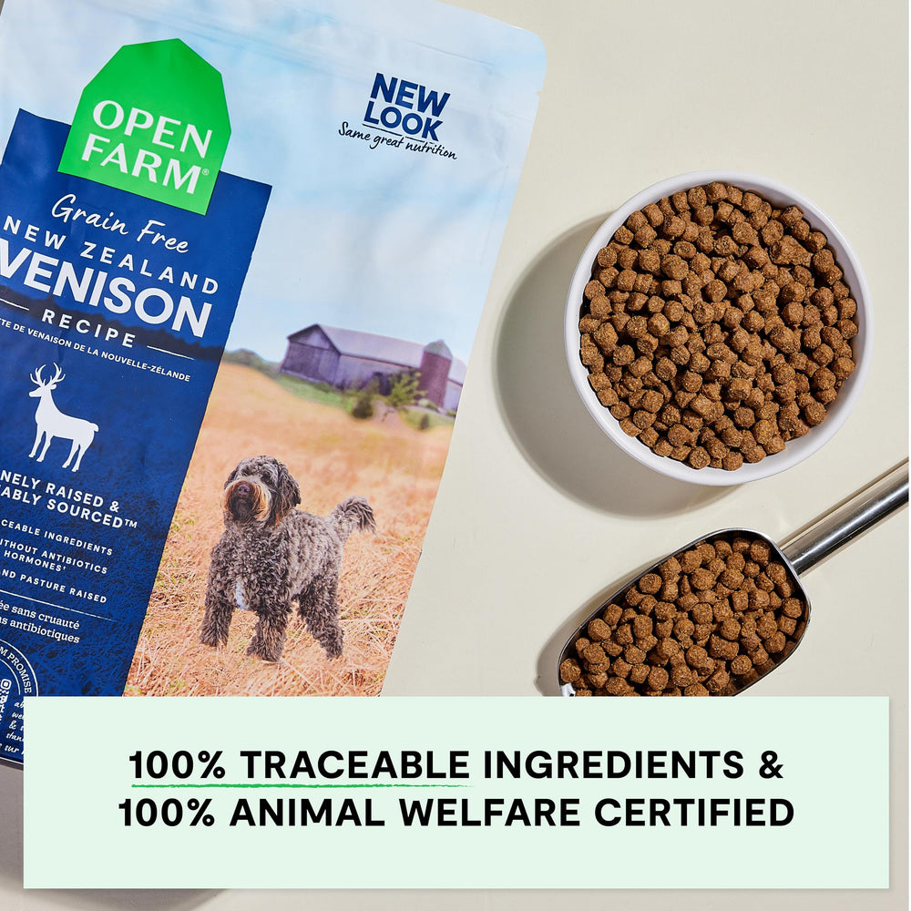Open Farm non-GMO veggies and pumpkin highlight balanced nutrition for dogs.