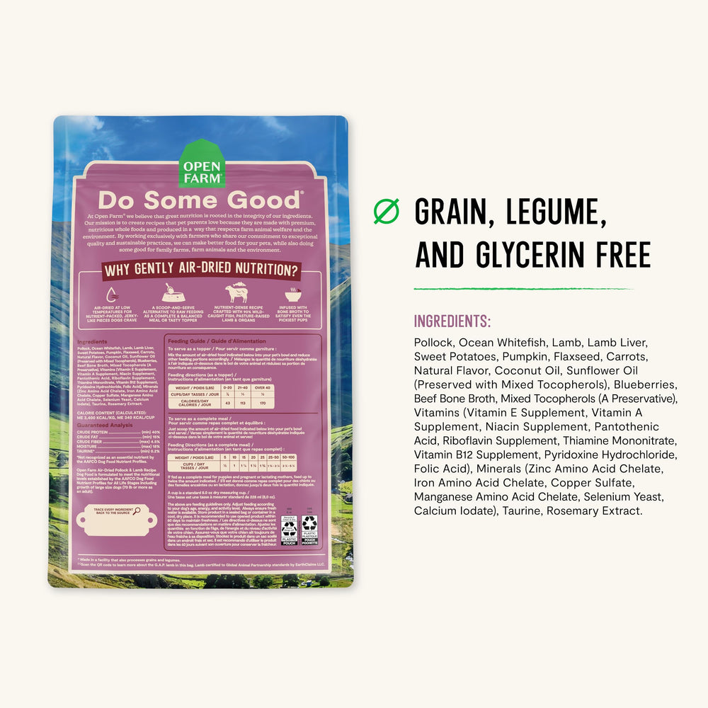Open Farm Ocean Wise wild-caught fish element communicates sustainable protein source.