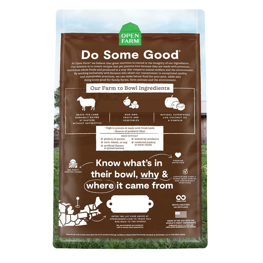Open Farm Pasture-Raised Lamb dry cat food ingredients cranberry and dandelion greens for vitamins and urinary health support.