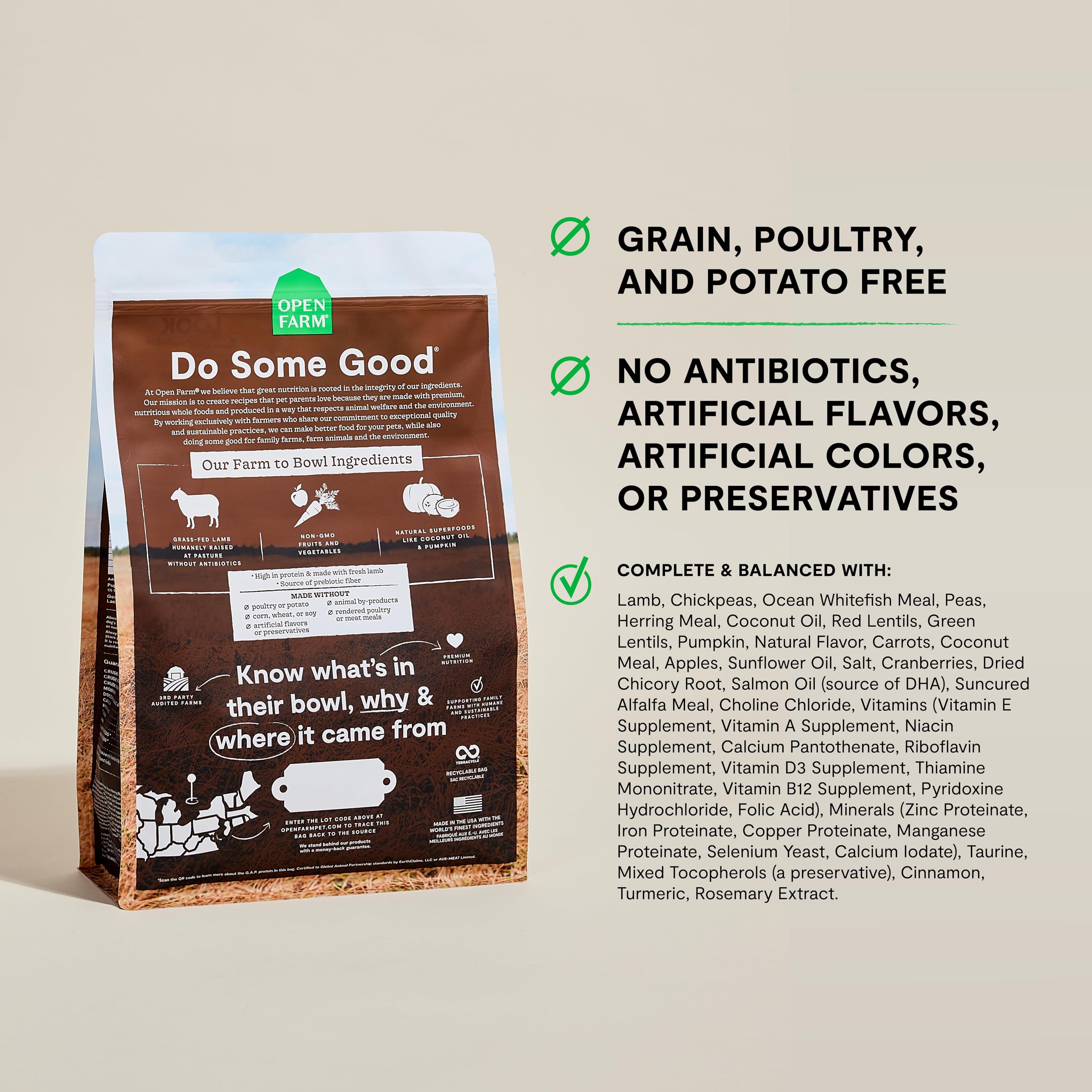 Open Farm pasture-raised lamb kibble captures ethically sourced protein for meals.