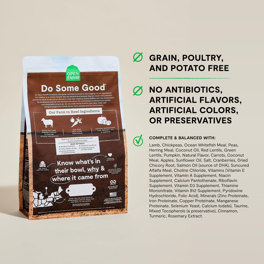 Open Farm pasture-raised lamb kibble captures ethically sourced protein for meals.