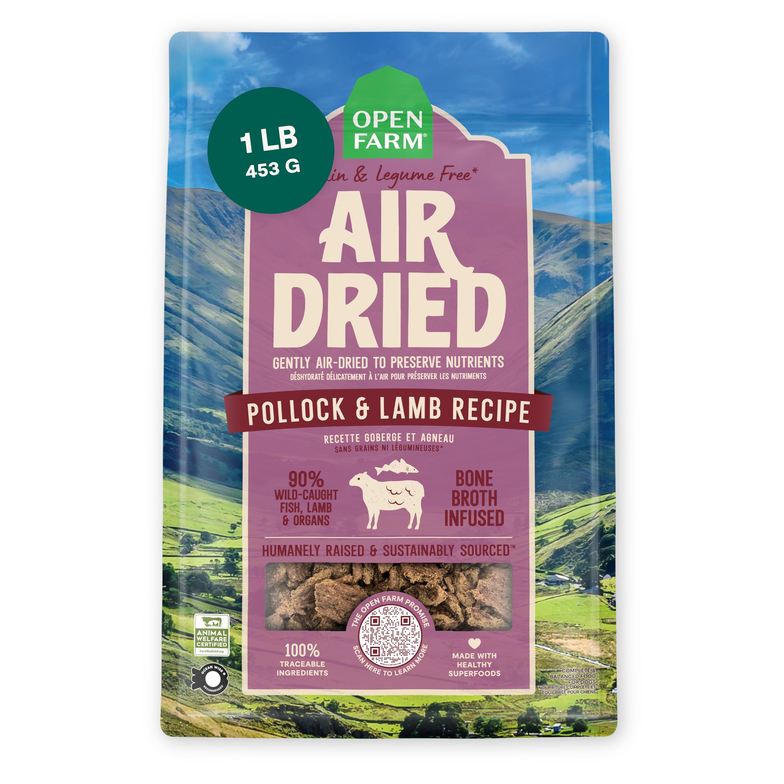Open Farm pollock-lamb air-dried dog food bag for versatile topper or complete meal.