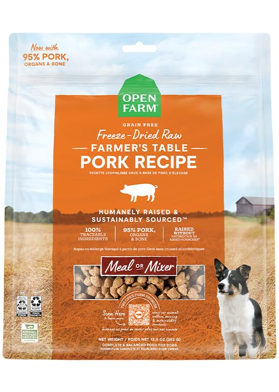 Open Farm pork recipe freeze-dried morsels bag front view highlights protein-rich feeding option