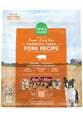 Open Farm pork recipe freeze-dried morsels bag front view highlights protein-rich feeding option