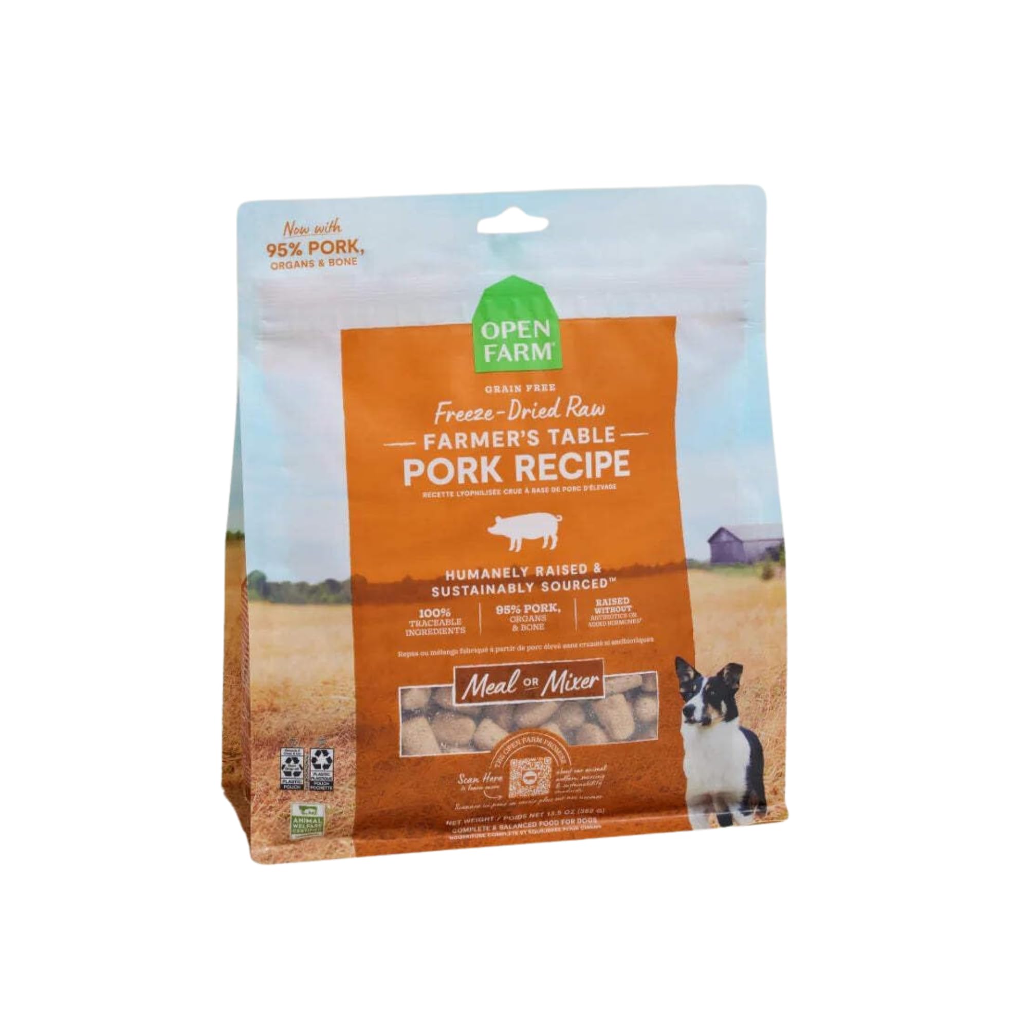 Open Farm pork recipe morsels bag showing convenient complete meal option for dogs