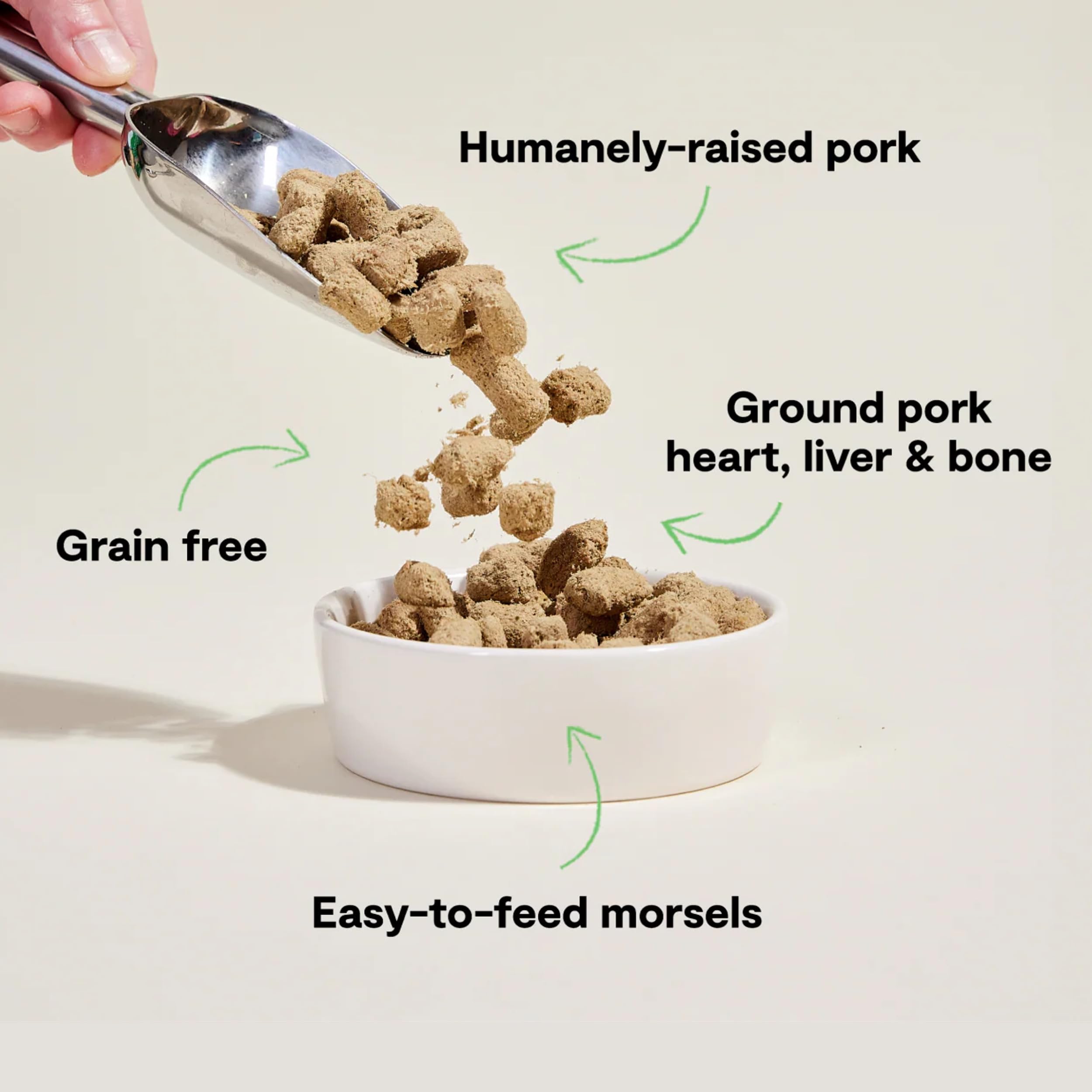 Open Farm pork recipe morsels closeup highlights 95% meat, organs, bone