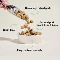 Open Farm pork recipe morsels closeup highlights 95% meat, organs, bone