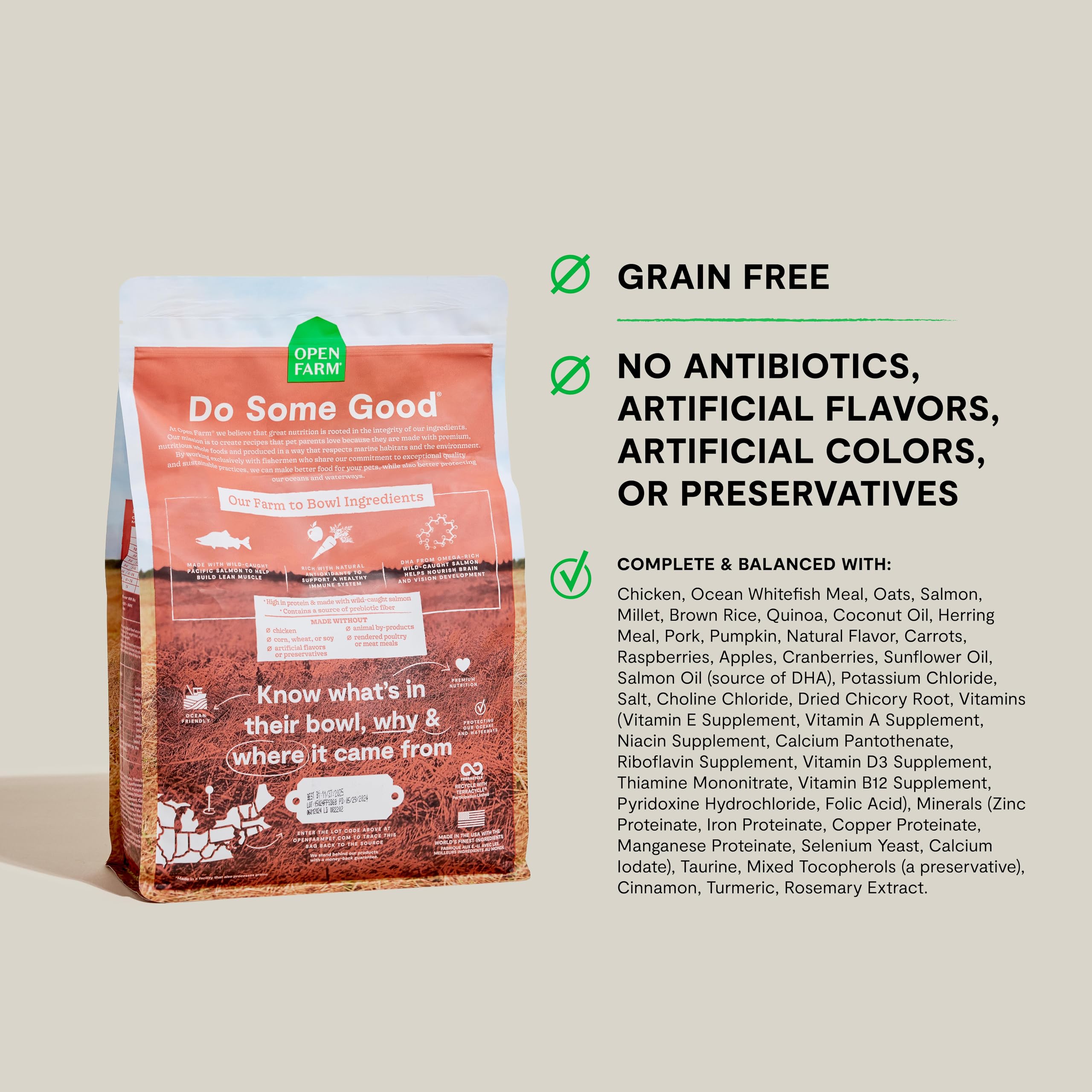 Open Farm puppy salmon kibble served in bowl, supporting a healthy coat and energy.