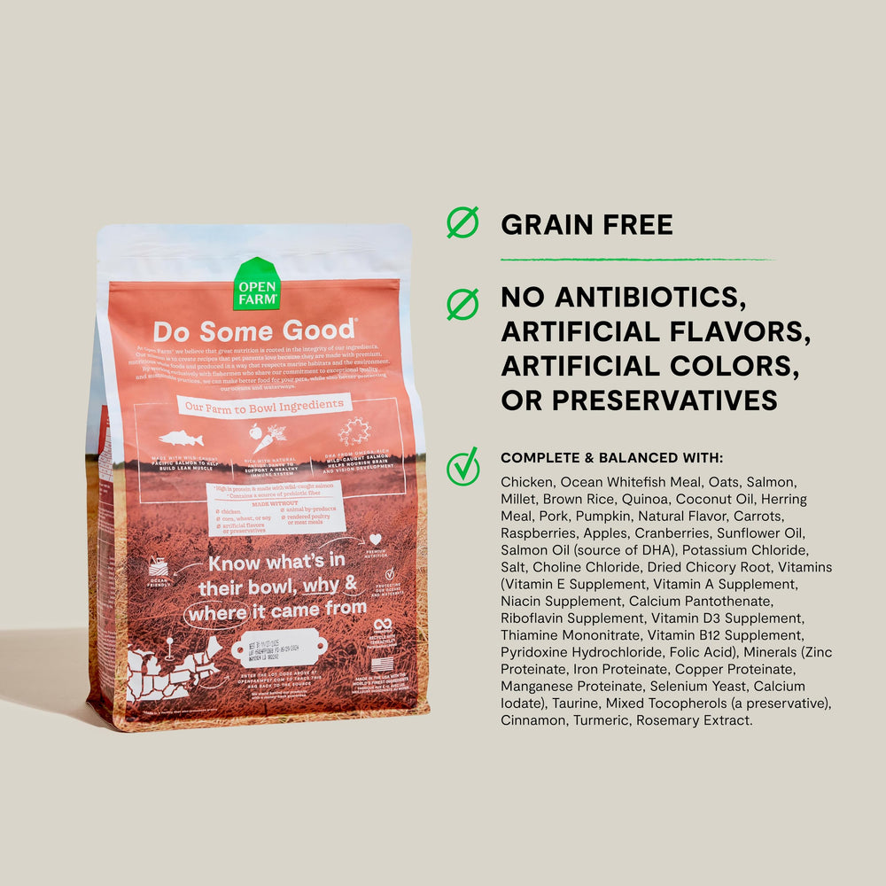 Open Farm puppy salmon kibble served in bowl, supporting a healthy coat and energy.