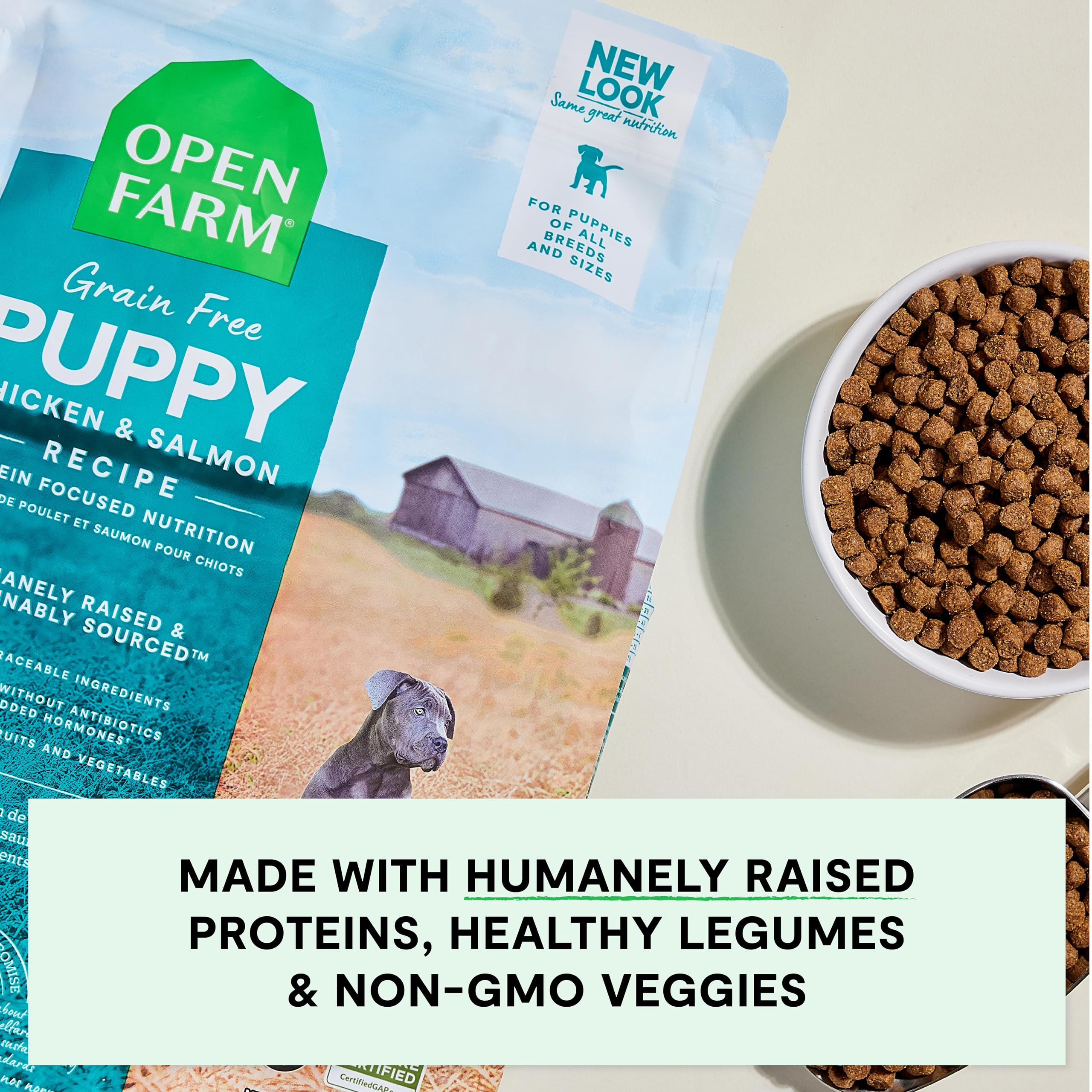 Open Farm 4lb bag on kitchen counter conveys convenient, responsibly sourced dog food packaging.