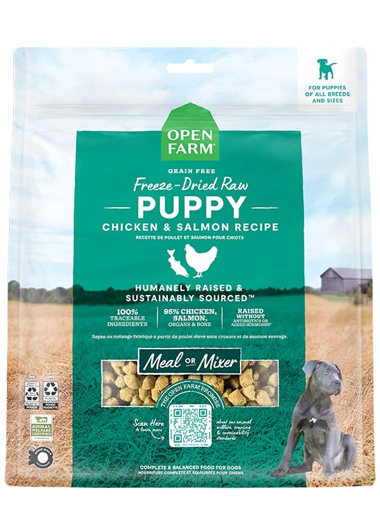 Open Farm puppy morsels bag closeup, premium freeze-dried recipe for growing puppies.