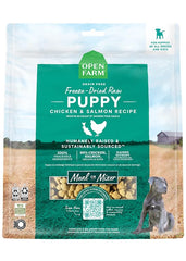 Open Farm puppy morsels bag closeup, premium freeze-dried recipe for growing puppies.
