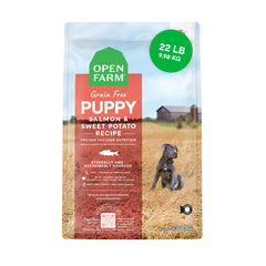 Open Farm puppy salmon kibble in bowl, supporting lean muscle and steady energy.