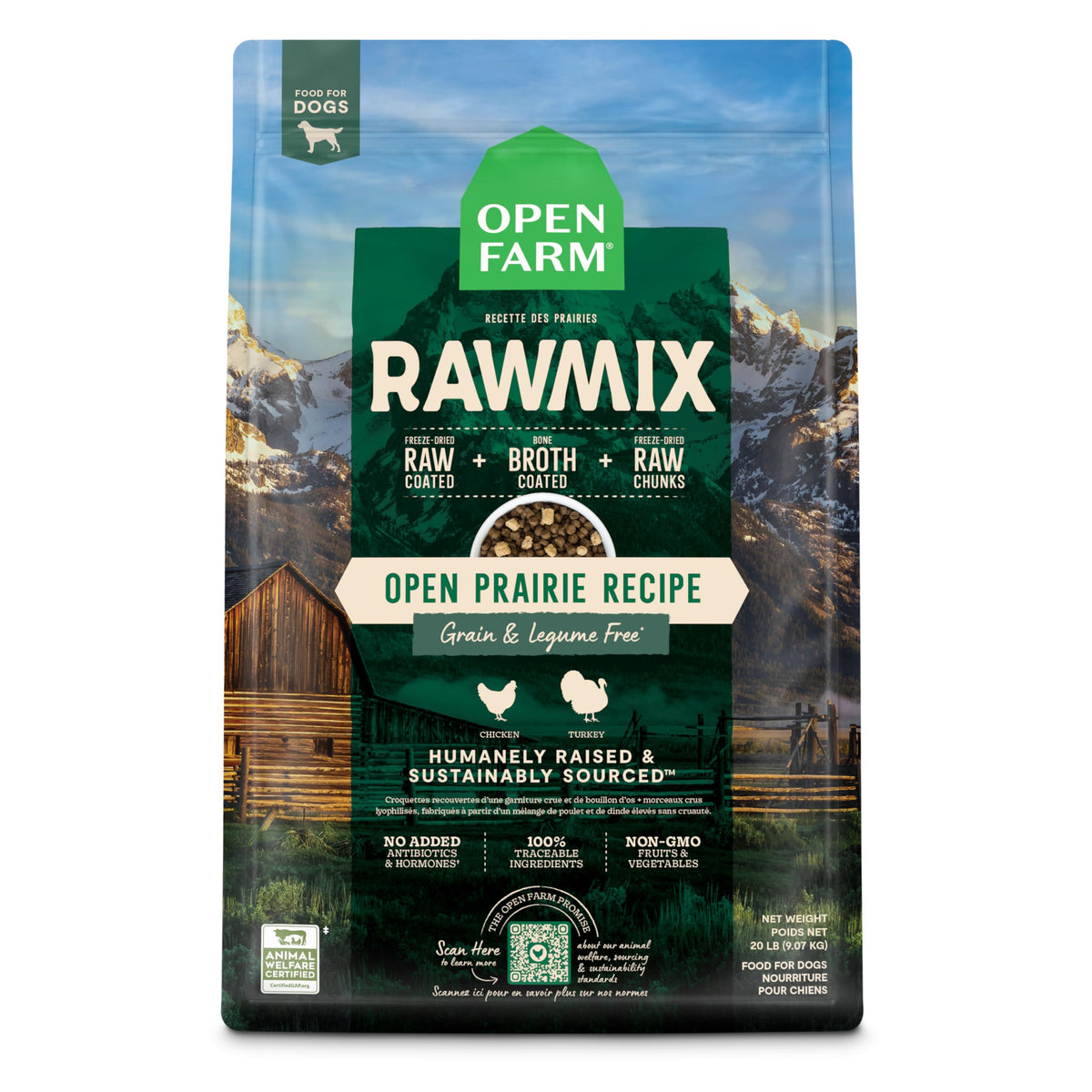 Open Farm RawMix bag front shows grain-free, protein-packed nutrition for dogs