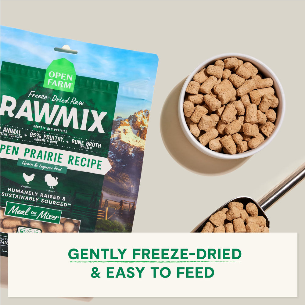 Open Farm RawMix bite close-up reveals high-protein morsels for tastier meals.