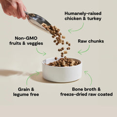 Open Farm RawMix bone-broth-coated kibble with freeze-dried raw chunks for flavor and texture.
