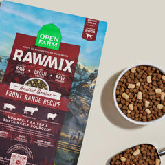 Open Farm RawMix bone broth coating reveals moisture-rich bite and savory aroma.