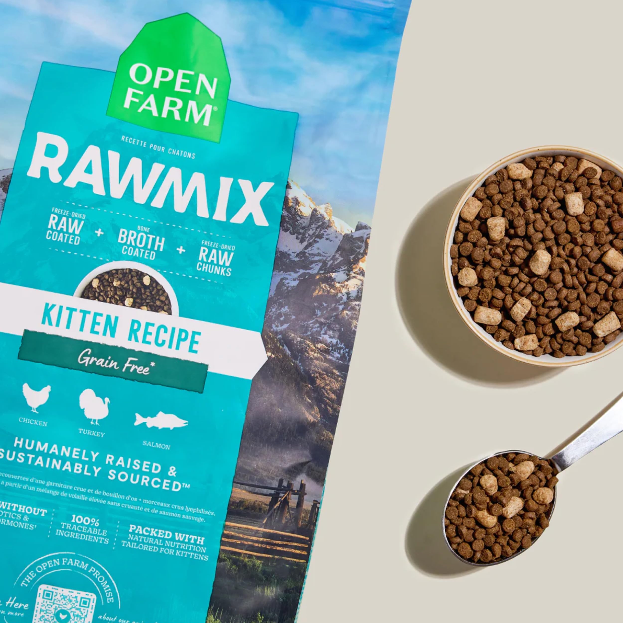Open Farm RawMix kitten meal featuring chicken, turkey and salmon