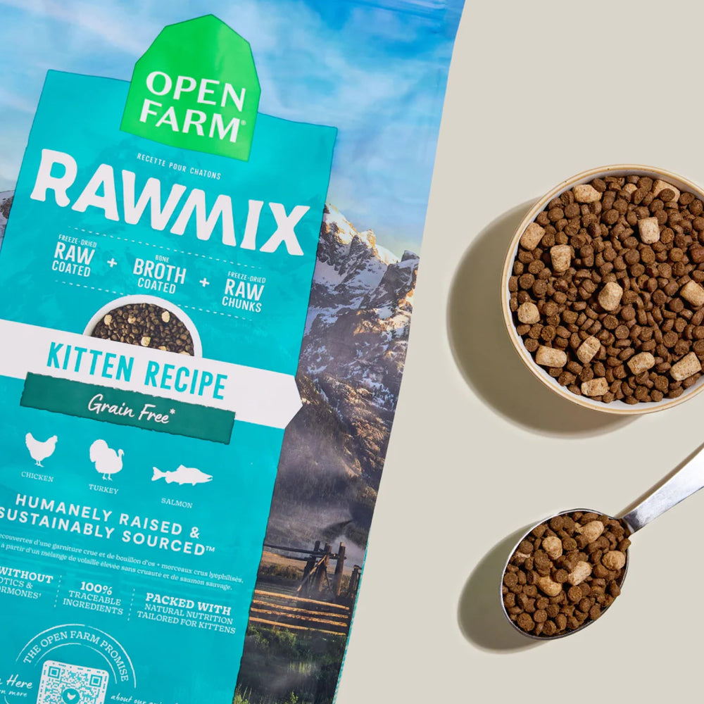Open Farm RawMix kitten meal featuring chicken, turkey and salmon