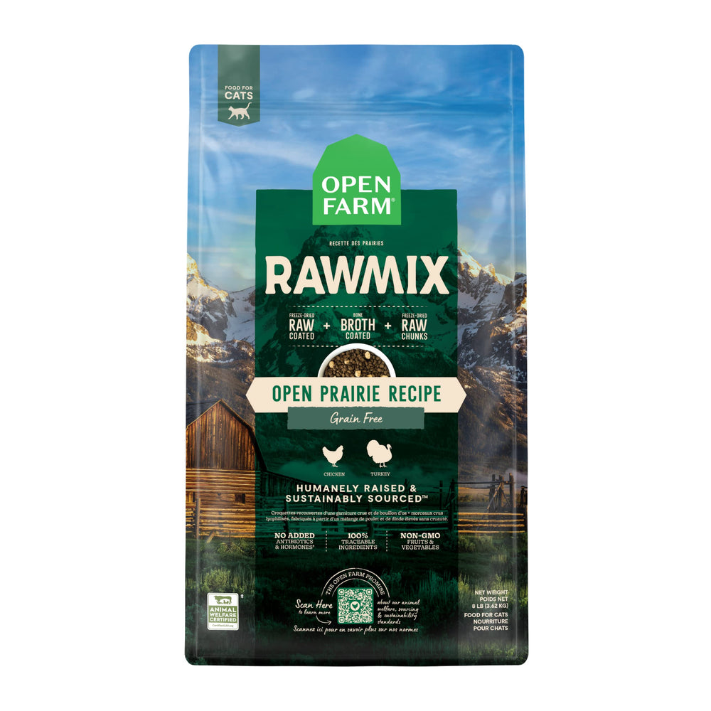 Open Farm RawMix dry cat food bag with grain-free formula for indoor and outdoor cats.