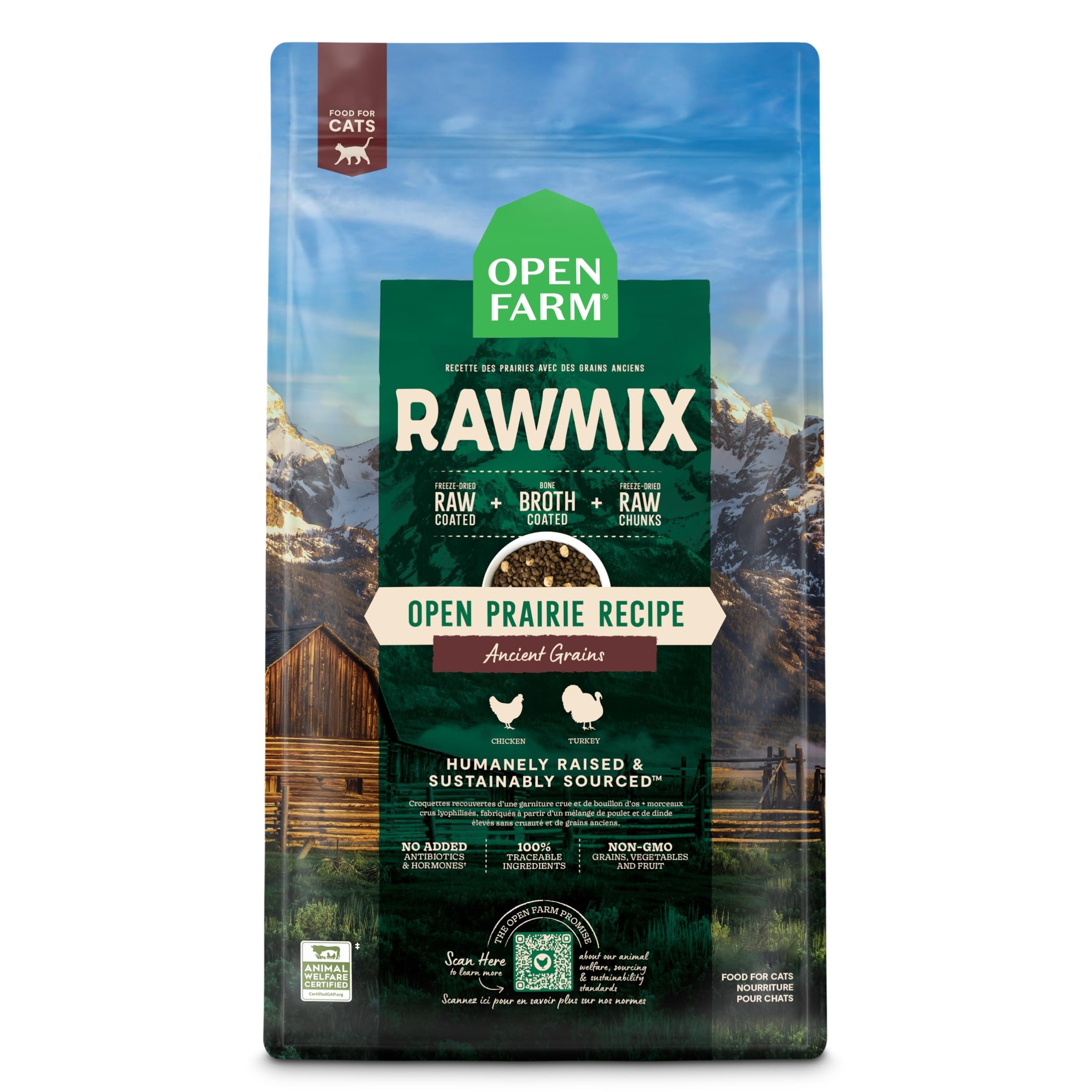 Open Farm RawMix cat food bag front highlights humane poultry sourcing and grain-free formula.