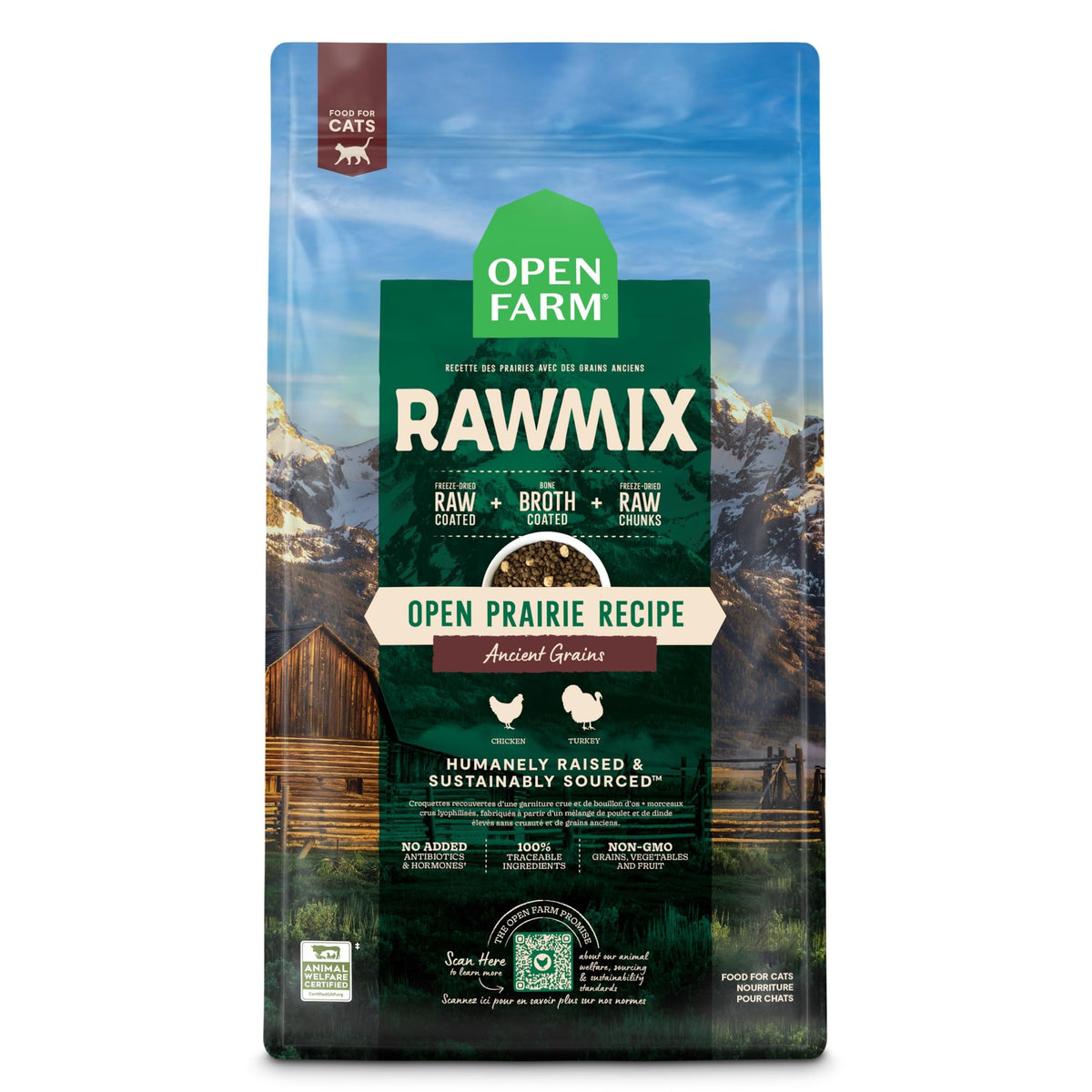 Open Farm RawMix cat food bag front highlights humane poultry sourcing and grain-free formula.