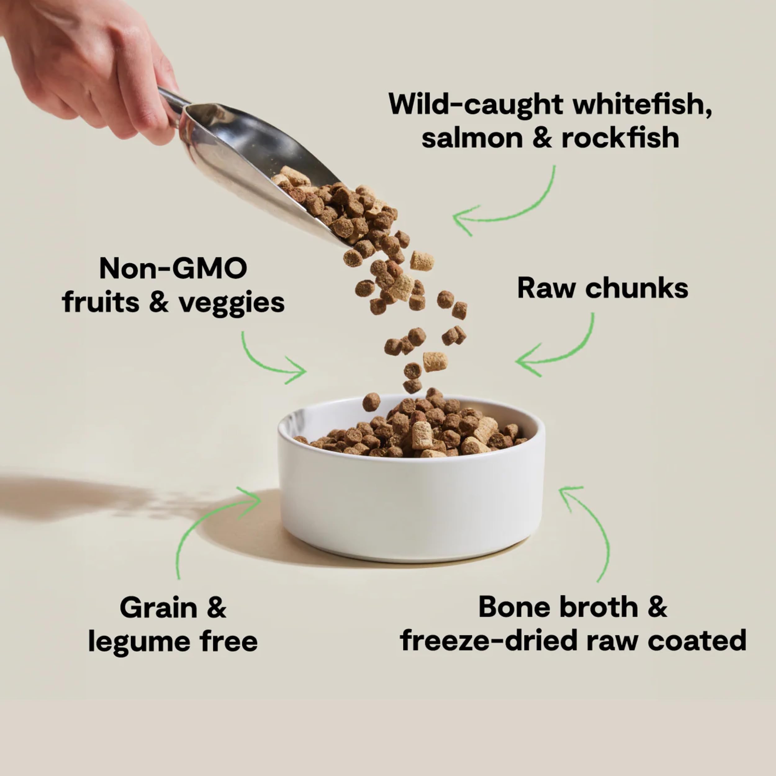 Open Farm RawMix kibble close-up showing bone broth coating and rich texture.
