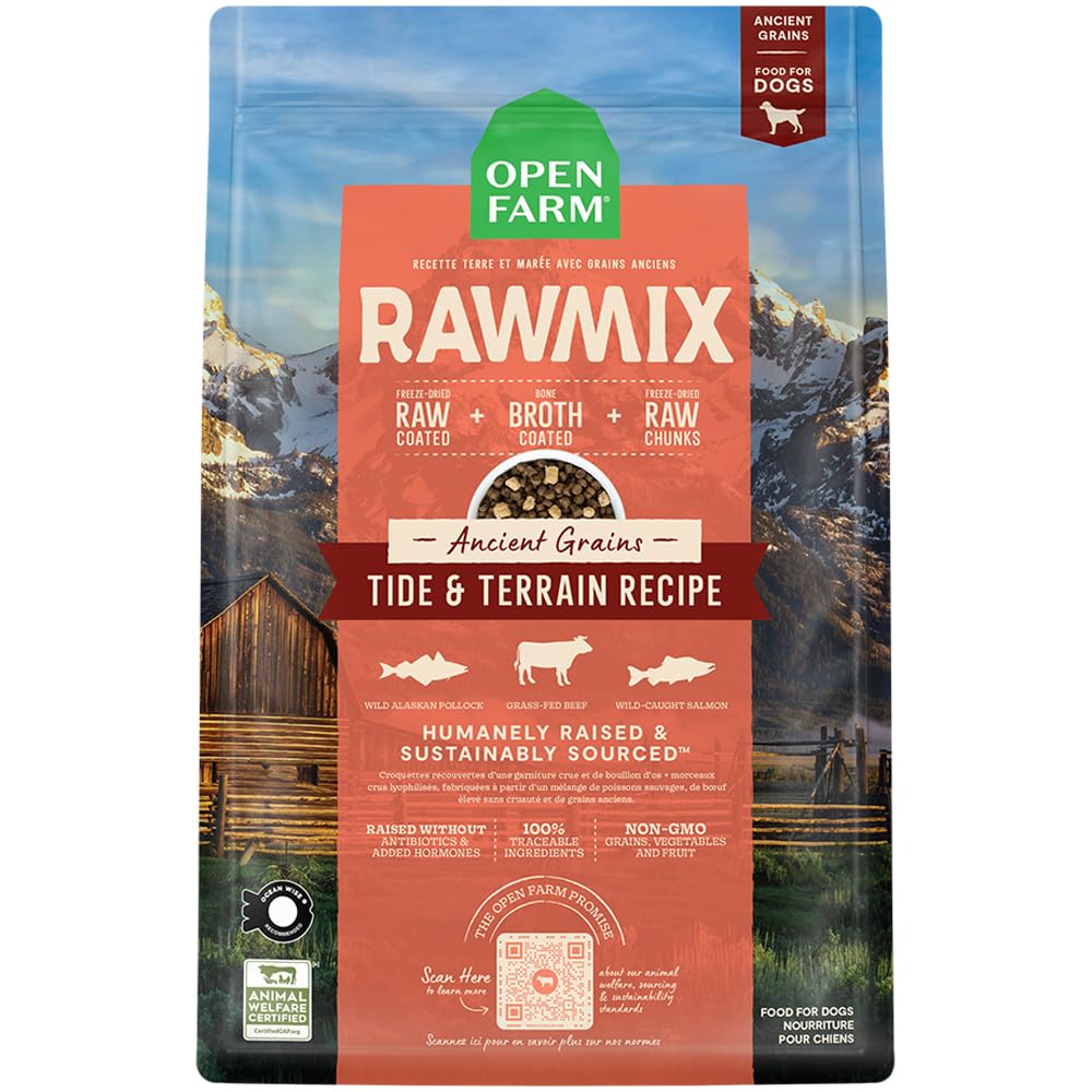 Open Farm RawMix dry dog food bag front showing protein-rich formula and nutrition benefits