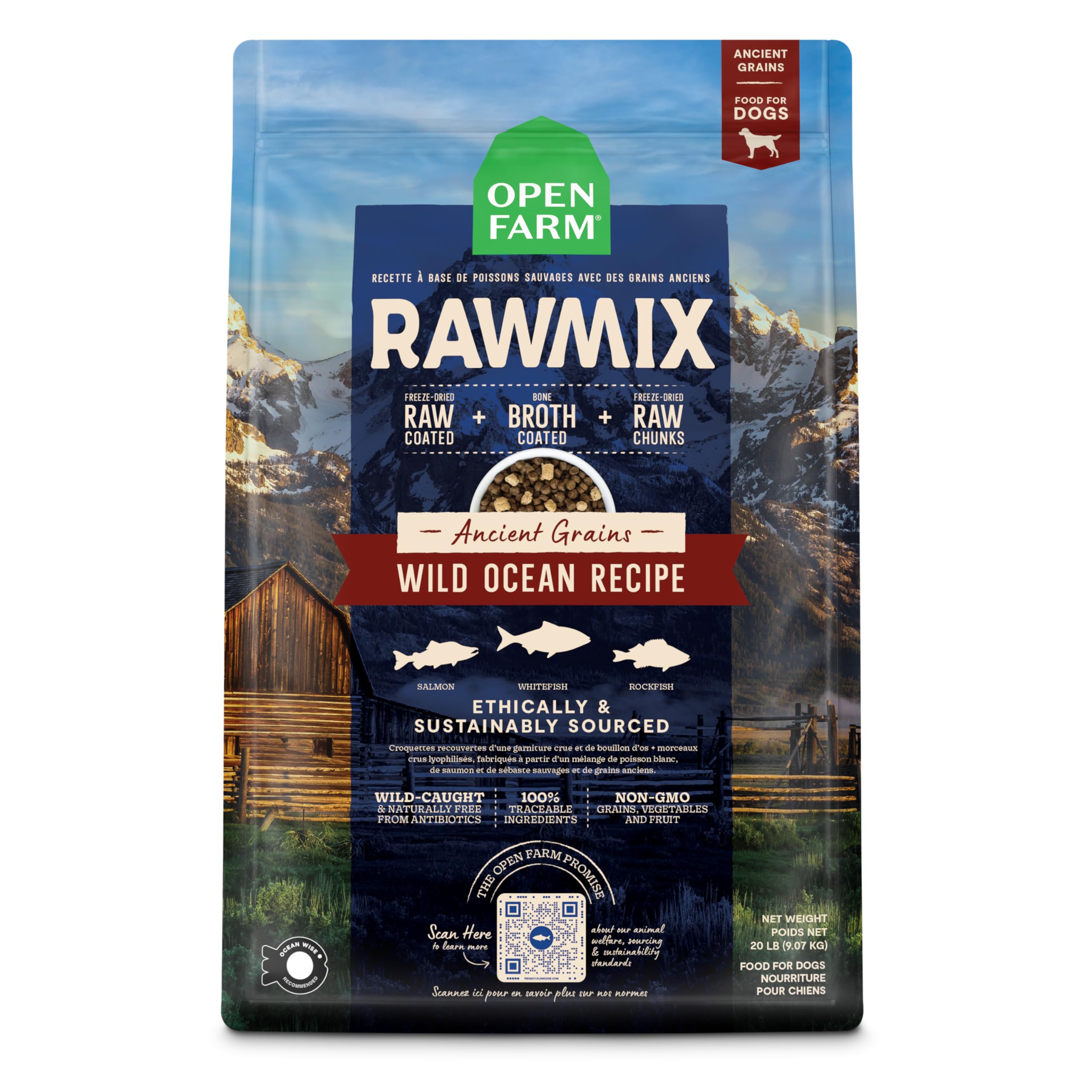 Open Farm RawMix bag packaging with ancient grains supports balanced nutrition.