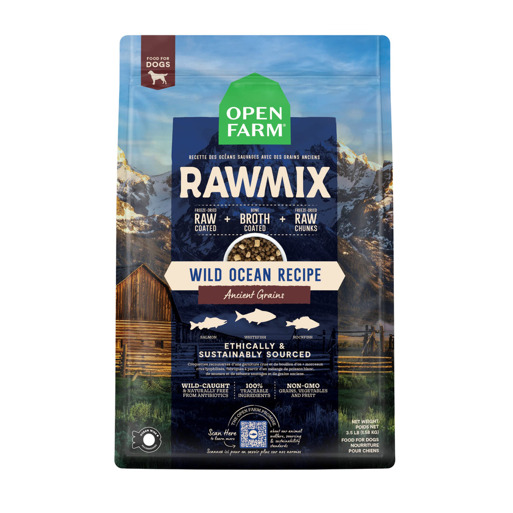 Open Farm RawMix dry dog food bag shows protein-rich kibble for dogs.