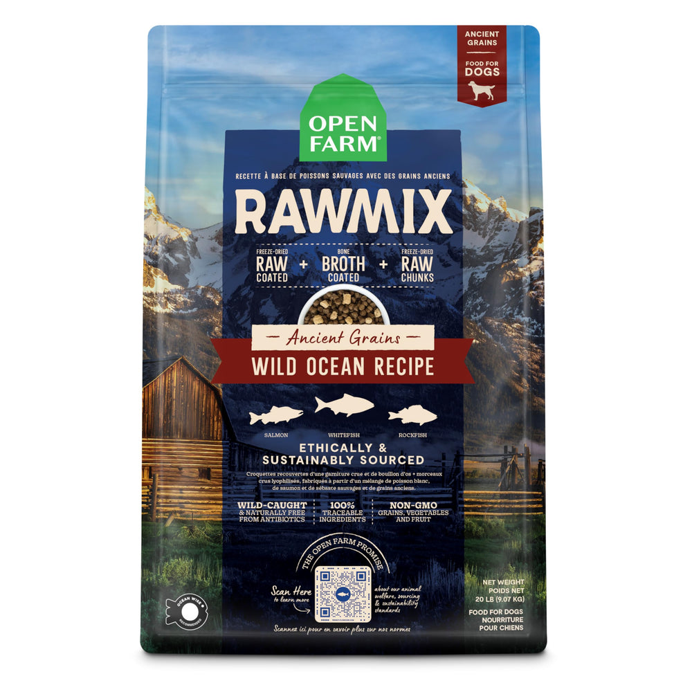 Open Farm RawMix bag packaging with ancient grains supports balanced nutrition.