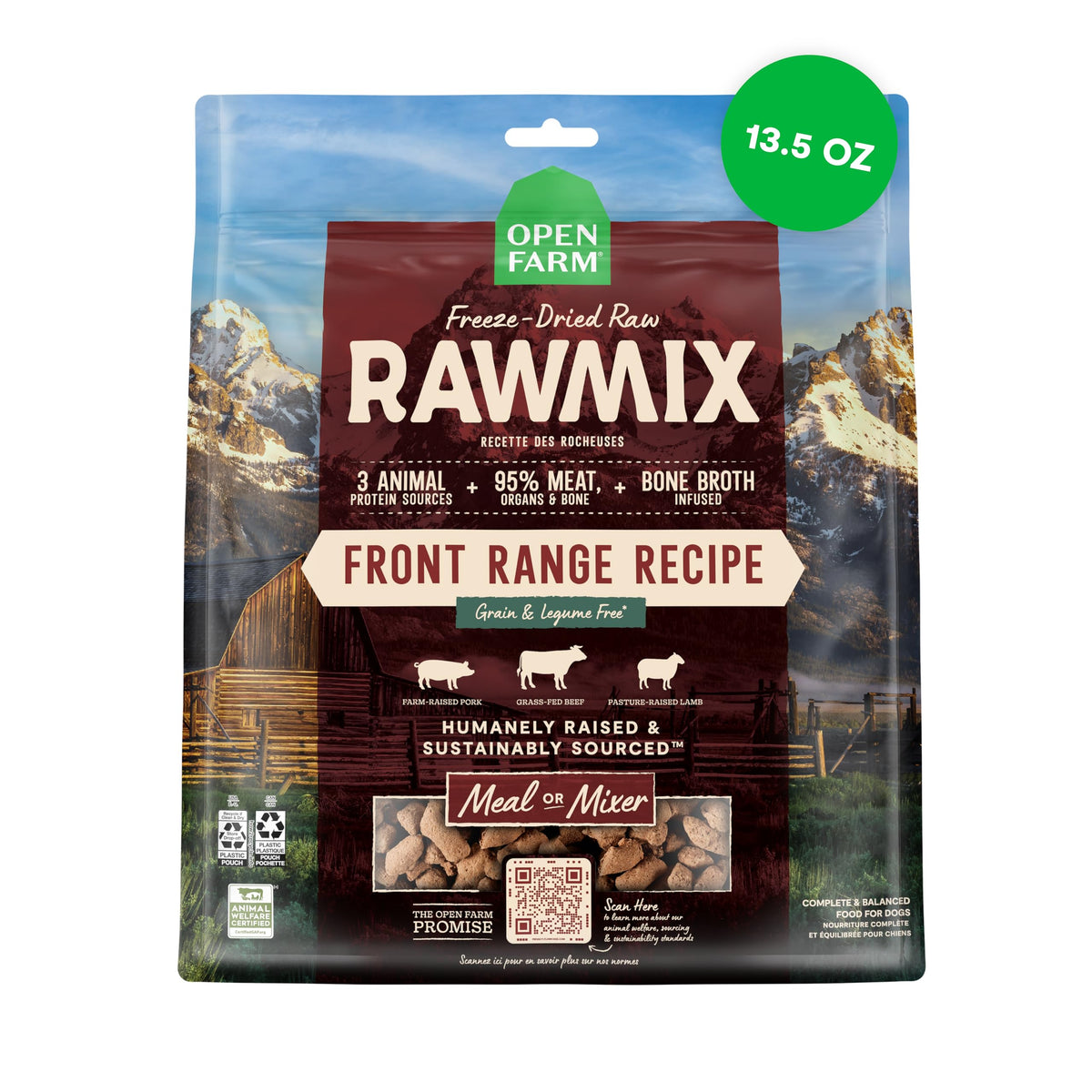 Open Farm RawMix Freeze Dried Morsels bag closeup highlights protein-rich real meat.