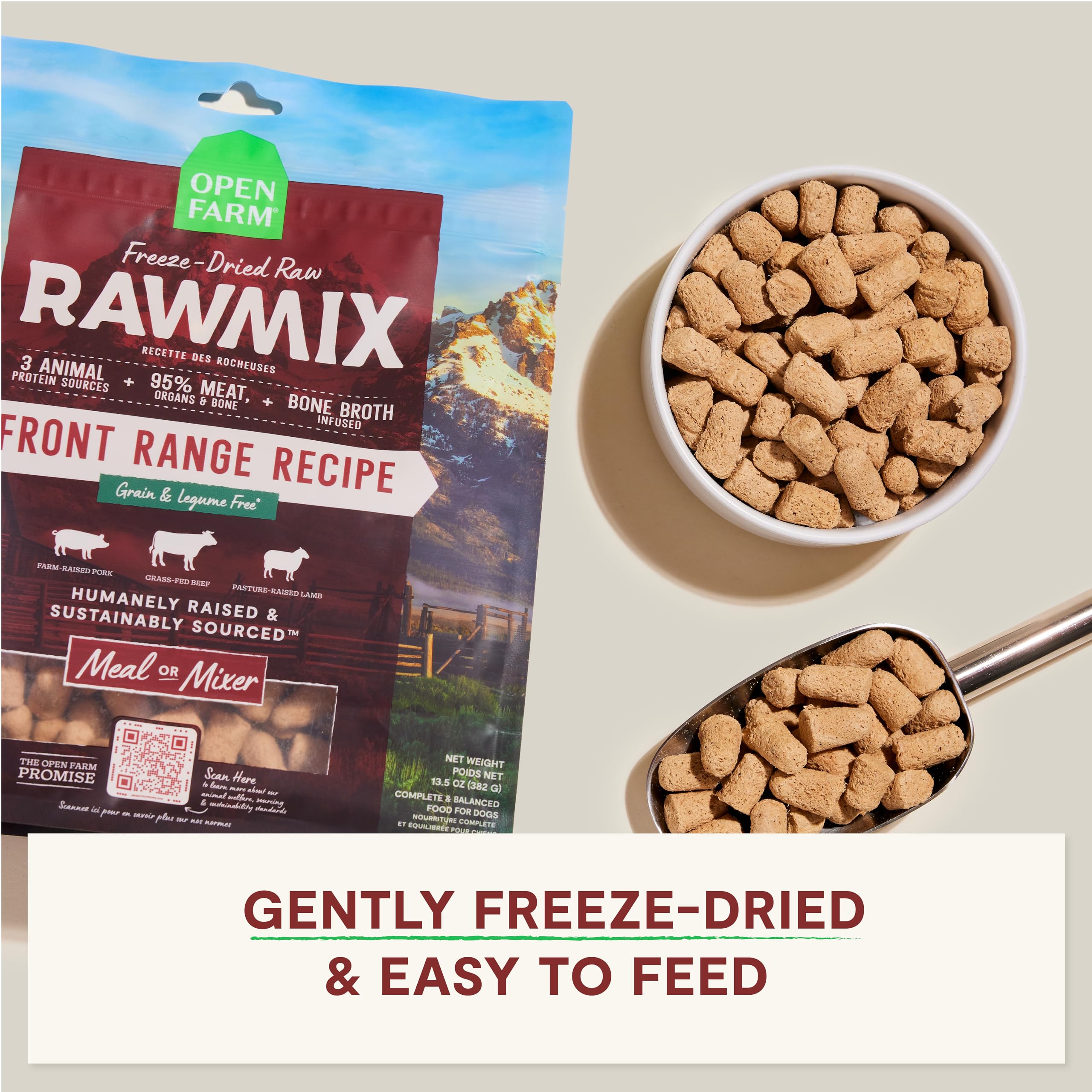 Open Farm RawMix ingredients panel emphasizes non-GMO fruits and veggies for balanced nutrition.