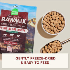 Open Farm RawMix ingredients panel emphasizes non-GMO fruits and veggies for balanced nutrition.