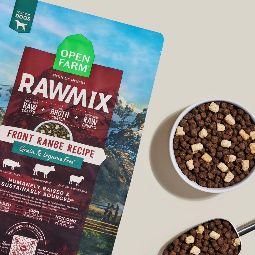Open Farm RawMix freeze-dried raw chunks close-up boosts palatability and nutrition.