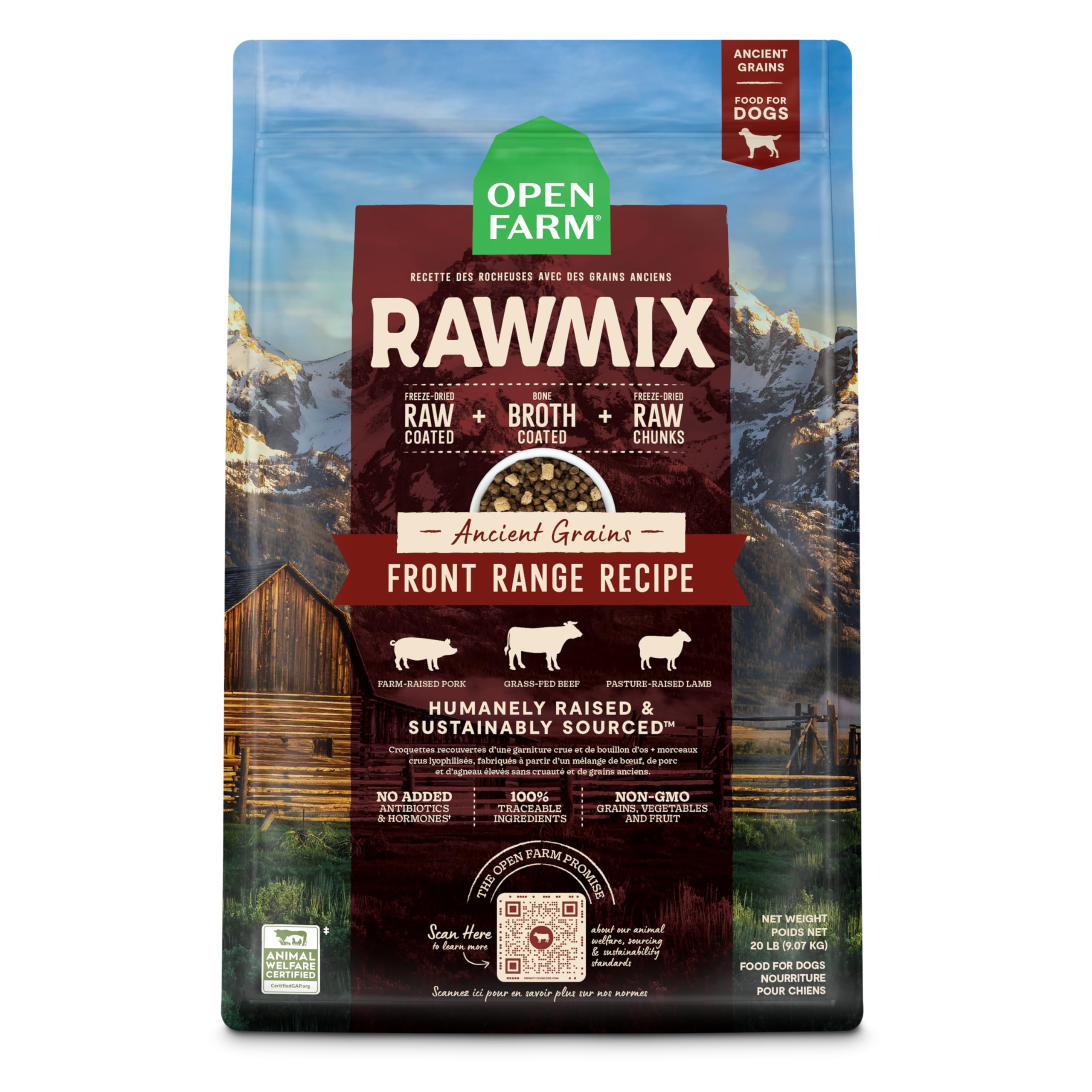 Open Farm RawMix Front Range bag shows ancient grains kibble for balanced dog nutrition.
