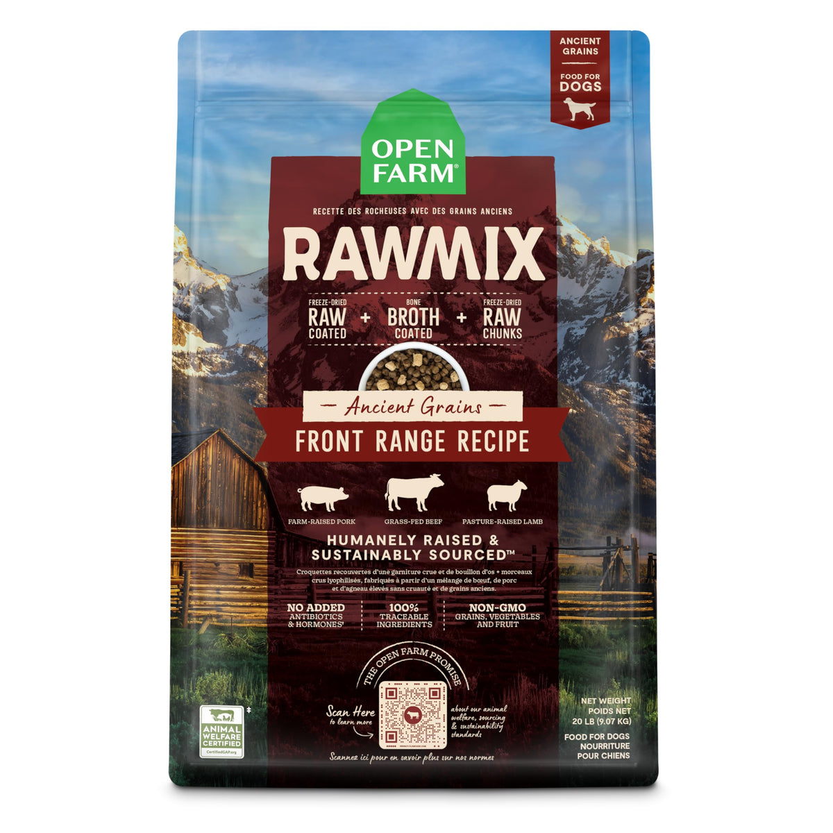 Open Farm RawMix Front Range bag shows ancient grains kibble for balanced dog nutrition.
